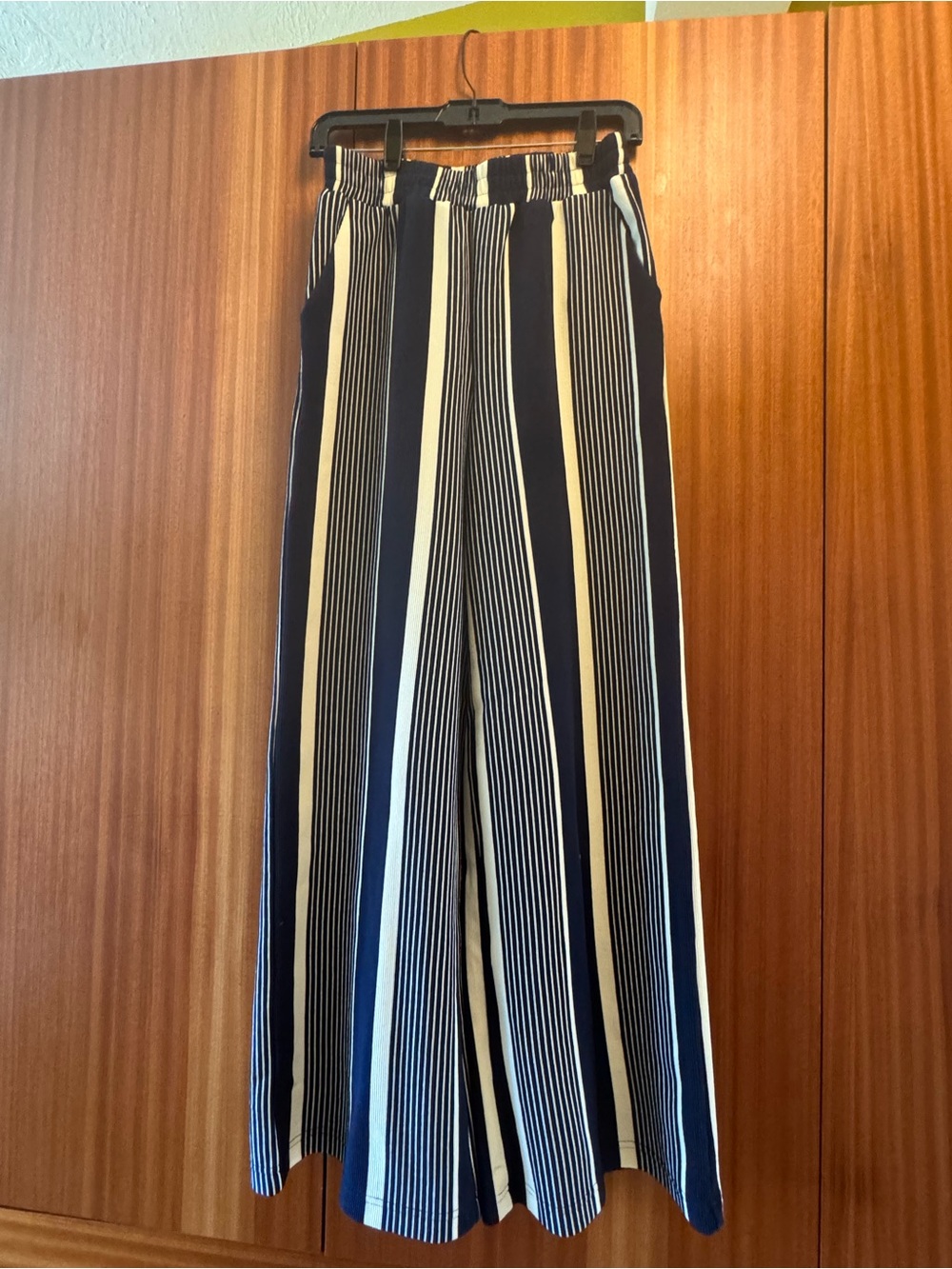 “Skies Are Blue” Navy and White Vertical Stripe Wide-Leg Pants.  NWOT